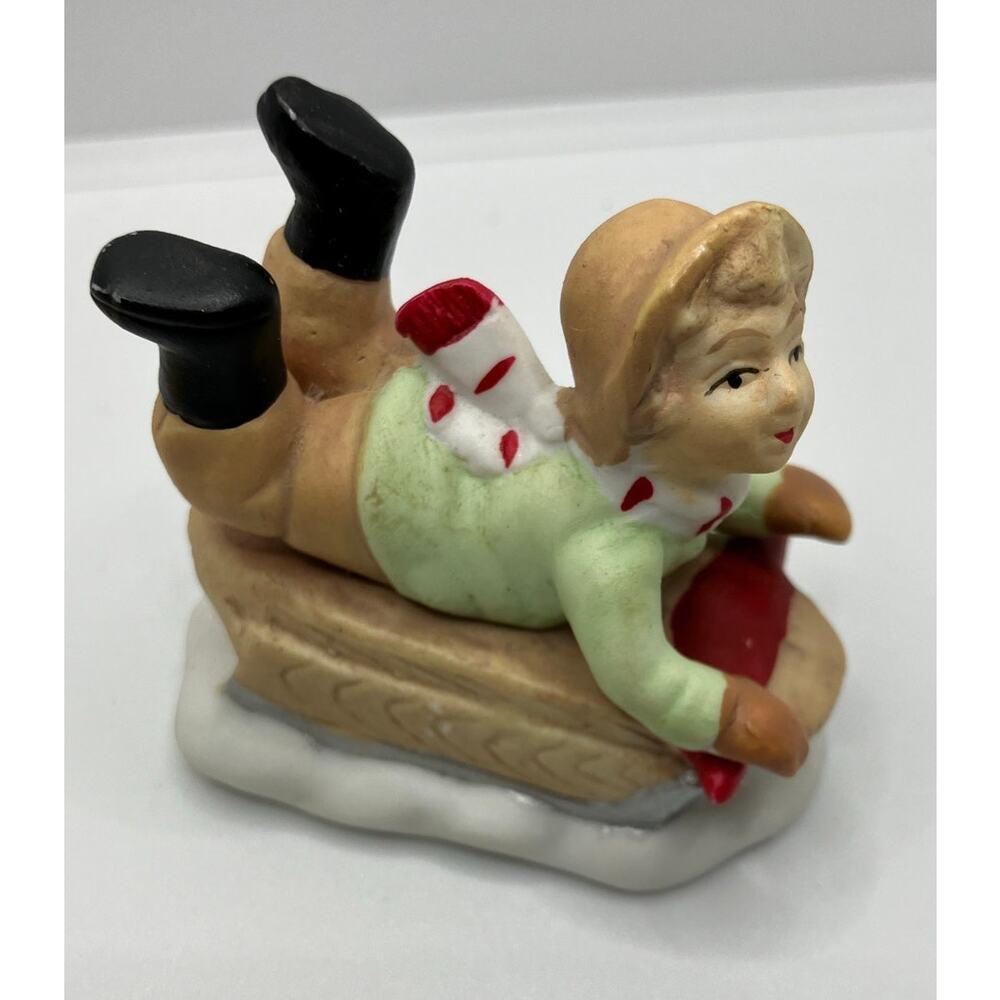 Christmas Village Boy Sledding Blonde 2" Figure People Children Miniature